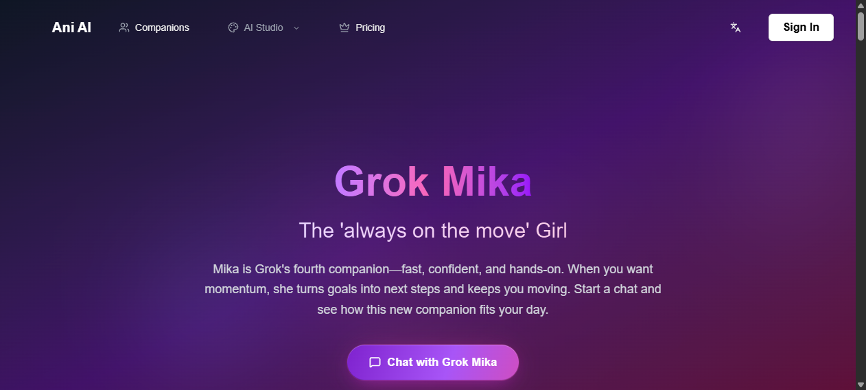 AniAI.net Grok Mika profile headed The always on the move Girl with Chat with Grok Mika button